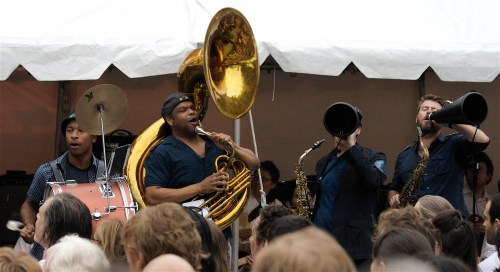 Asphalt Orchestra marched to the front of Damrosch Park last night to entertain the crowd assembled for Rhys Chatham's "A Crimson Veil." (Copyright 2009, Christine Maurus)