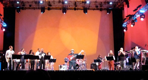The Damrosch Park Bandshell stage could hardly contain the full forces of Stew and Heidi: The Broadway Problem on Wednesday night.  (Photos copyright 2009, Steven P. Marsh)