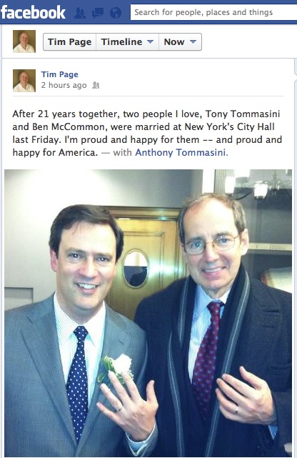 Screen grab from music writer Tim Page's Facebook pages with his post about Anthony Tommasini's wedding.