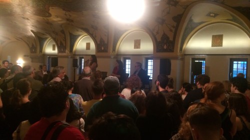 The crowd gathers to hear Jonathan Larson's dad and sister talk about the late composer in the Grand Tier lobby at New York City Center on June 25, 2014. (© 2014 Steven P. Marsh/willyoumissme.com)